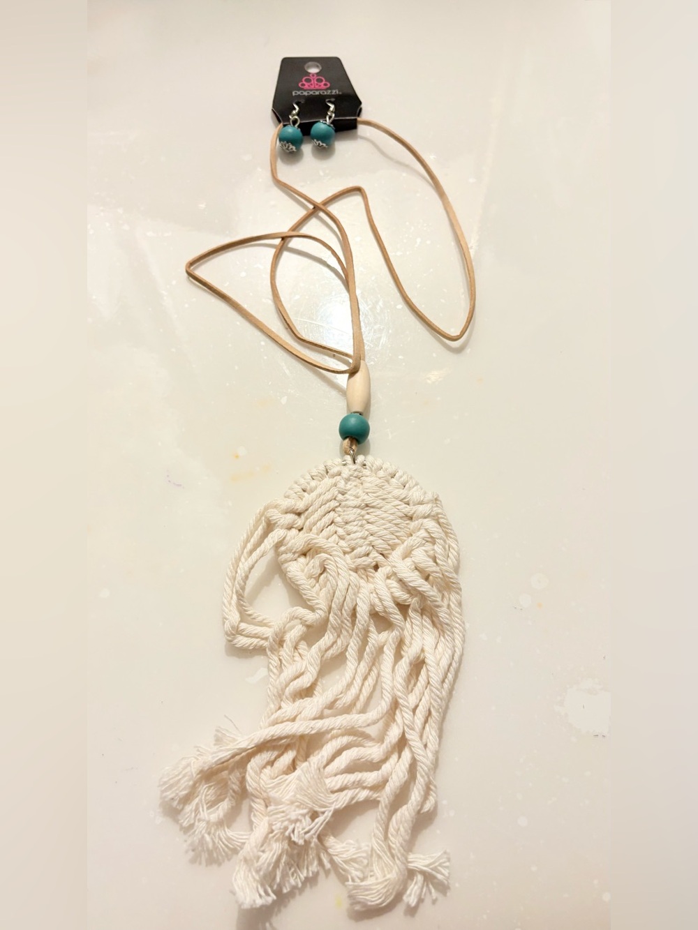 paparazzi Cream Macramé Tassel Necklace with Teal Accent Bead